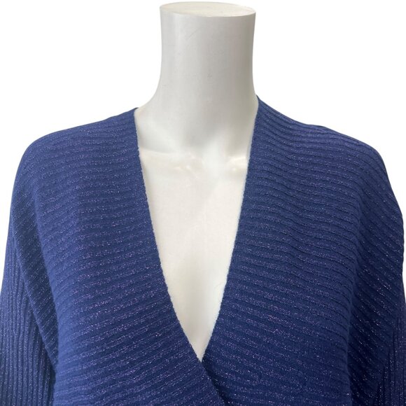NWT Marina Rinaldi Blue Sparkle Metallic Knit Ribbed Wool Sweater sz Large/18 - Picture 2 of 7